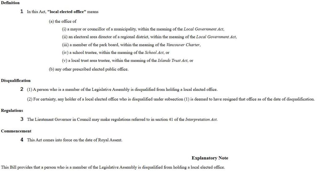 BREAKING: Bill introduced today in the BC Legislature would prohibit MLAs from double-dipping with city council&nbsp;jobs.